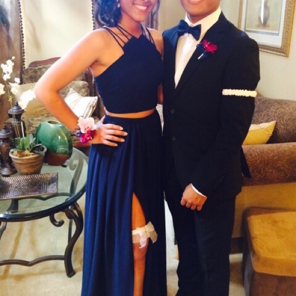 Two-piece Navy blue maxi prom dress - Picture 1 of 5